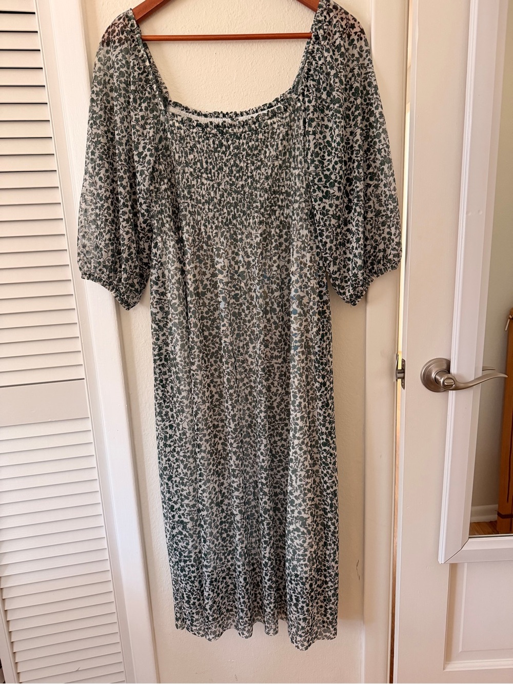 Green Floral Smocked Midi Dress with Puff Sleeves and built-in slip